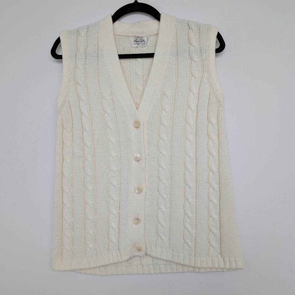Vintage Button Front Cream Cable Knit Sweater Vest Sz S/M Dayne Taylor Fisherman